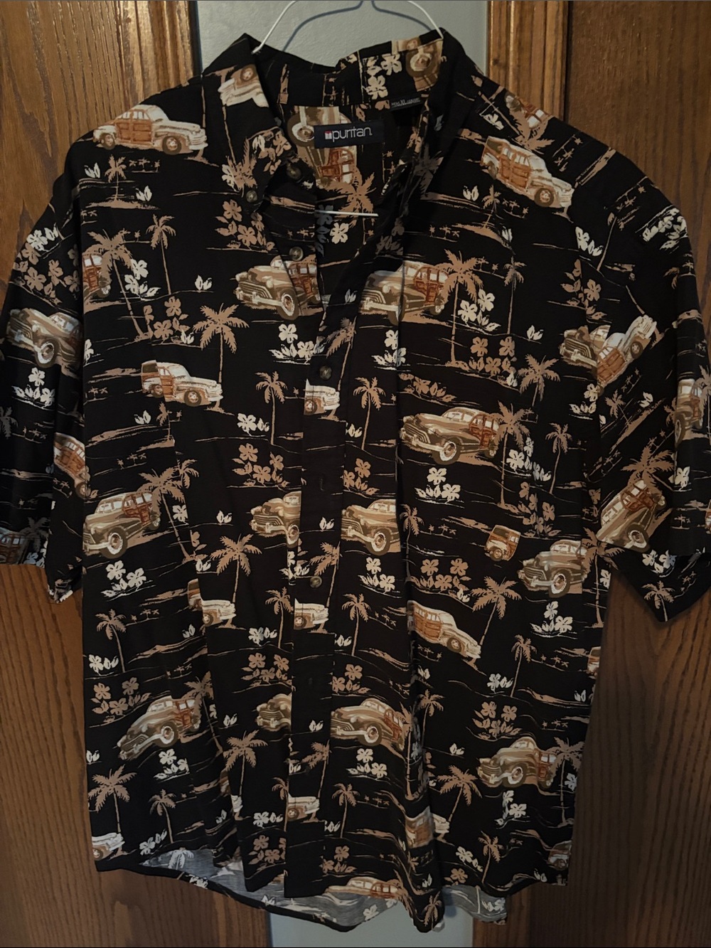 Puritan Black Short-Sleeve Hawaiian Shirt with Tan Car & Palm Print